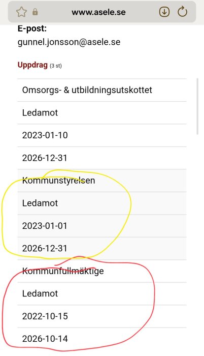 Skärmbild av en webbsida som visar uppdrag och datum för en person inom Omsorgs- & utbildningsutskottet, Kommunstyrelsen och Kommunfullmäktige.