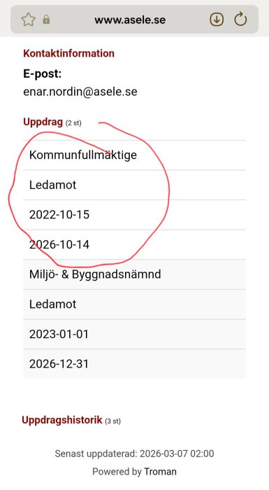 Skärmdump från www.asele.se med Enar Nordins kontaktinformation och uppdrag markerade med röd cirkel.
