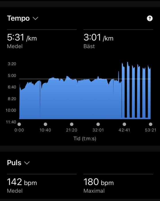 Graf över löptempo och puls medelvärde 5:31/km, maxvärde 3:01/km. Puls medel 142 bpm, max 180 bpm. Visar tid 00:00 till 53:21.