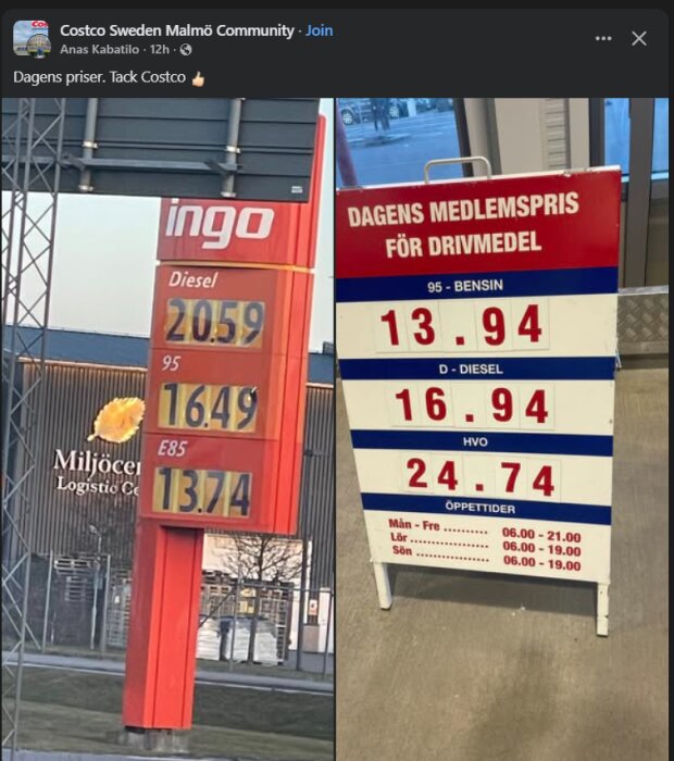 Två skyltar med bensin- och dieselpriser på Ingo och Costco, med olika prisklasser för drivmedel.