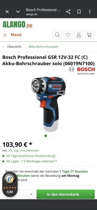 Bild av Bosch Professional GSR 12V-32 FC batteridriven borrskruvdragare på en webbsida med priset 103,90 €, inklusive moms och fraktkostnader.