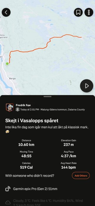 Karta med rutt för skidåkning i Vasaloppsspåret, 10,60 km lång. Statistik visar tid, hastighet och kaloriförbrukning.