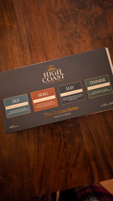 Presentationsförpackning av High Coast Single Malt Whisky, The Origins Series, med fyra sorter: Älv, Berg, Hav, Timmer, på ett mörkt träbord.
