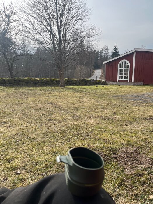 Kopp med kaffe i förgrunden, gräs, träd och röd byggnad i bakgrunden under molnig himmel.