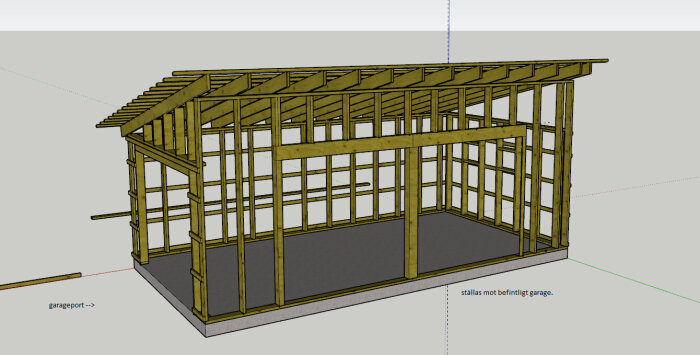3D-modell av tillbyggnad med trästomme, stödjepelare och sluttande tak, anpassad för garageöppning.