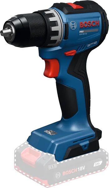 Blå och svart Bosch GSR 18V-52 skruvdragare med rött detaljer, kompakt design.