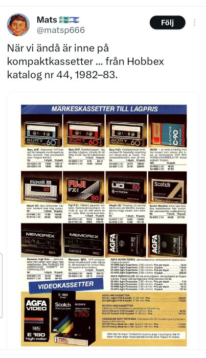 Kollage av kompaktskassettannonser med märken som Sony, Maxell, Fuji och AGFA från en Hobbex-katalog från 1982–83, samt videokassetter.