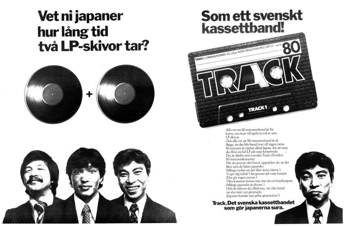 Reklam för svenska kassettbandet Track, med LP-skivor och personer i kostym. Text jämför kassetten med japanska alternativ.