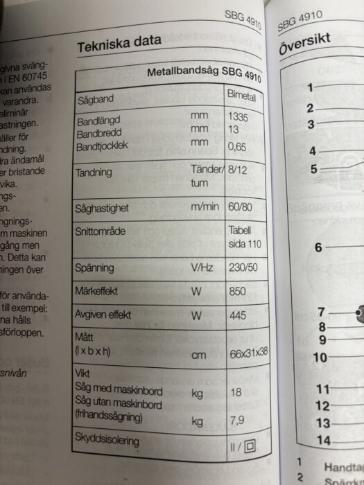 Teknisk specifikation för metallbandsåg FLEX SBG4910 i instruktionsbok, inklusive bandlängd, bredd, såghastighet och vikt.