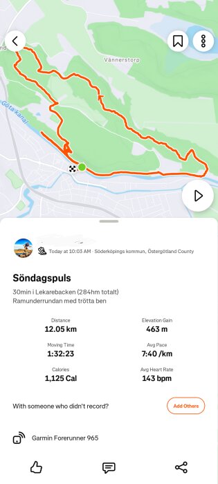 Karta över en löprunda på 12,05 km längs Ramunderrundan med detaljer om distans, tid, höjdstigning och genomsnittlig puls.