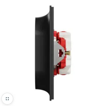Sidovy av ett svart och rött eluttag med hög profil, avsett för användning i en vanlig dosa.