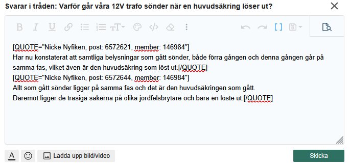 Diskussionsforumsredigerare som visar citerad text med radbrytning före slut-quote-taggen.