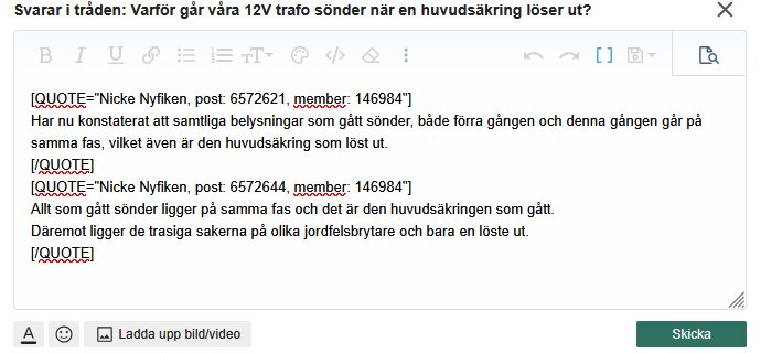 Textredigeraren visar ett citat med extra radbrytning innan slutquote-taggen, vilket irriterar användaren.