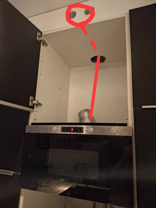 Inbyggd ugn med öppen skåpdörr ovanför; röda markeringar visar platsen för två runda galler för frånluft ovanpå konsolens taksockel.