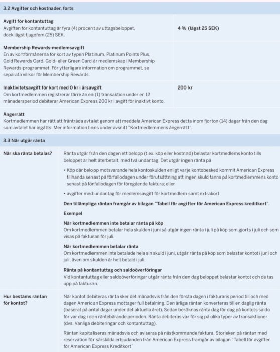 Tabellen visar avgifter och kostnader för American Express kreditkort, inklusive kontantuttagsavgift på 4 %, medlemsvillkor och inaktivitetsavgift på 200 kr.