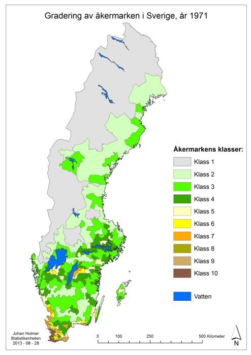 Karta över åkermarksgradering i Sverige från 1971, med klasser 1-10 och vatten, där högre klass är bättre mark.