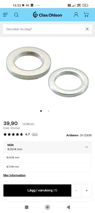 Två metallbrickor i olika storlek, beskrivna som slitbrickor användbara vid monteringsprojekt, angivna med mått 9,0x14 mm och 9,7x16 mm.