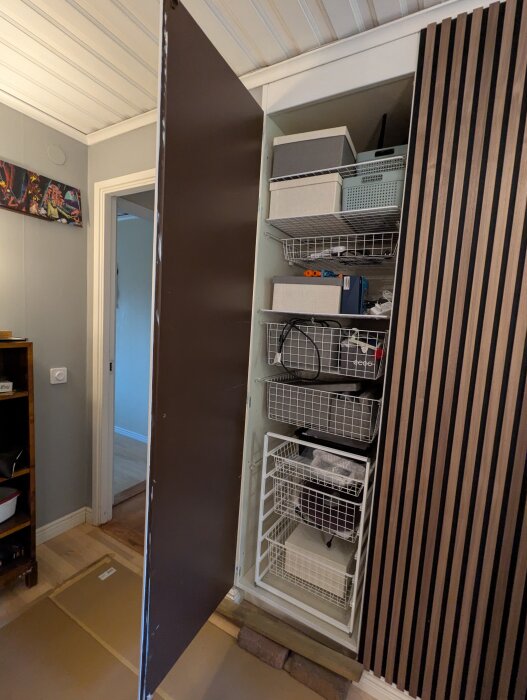 Garderobsdörr med hängande panel och synliga hyllor med föremål.