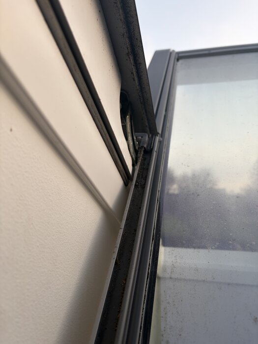 Takfönster med tätning och synliga mörka fläckar i hörn, misstänkt mögel, troligen orsakad av läckageproblematik.