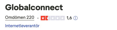 Rating för Globalconnect, internetleverantör, med 220 omdömen och betyg 1,6 av 5 stjärnor.