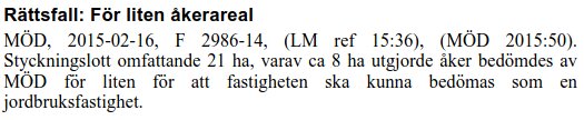 Rättsfallstext om markbedömning: Styckningslott på 21 ha, 8 ha åker, bedöms av MÖD som för liten för jordbruksfastighet enligt MÖD 2015:50.