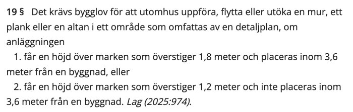 Text från plan- och bygglagen om krav på bygglov för altaner och plank inom detaljplanerade områden, med höjd och avståndsspecifikationer.