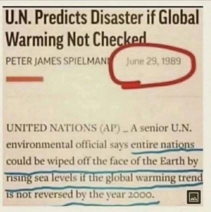 Tidningsklipp från 1989 där FN förutspår katastrof om global uppvärmning inte stoppas. Datum och delar av texten är markerade.