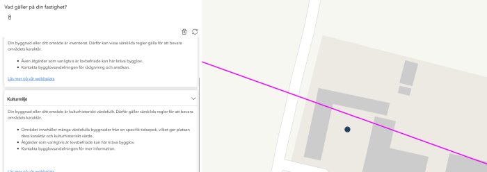 Karta över fastighetsområde med byggnader, rosa linje markerar Kommunens regler för kulturhistoriskt viktiga fastigheter.