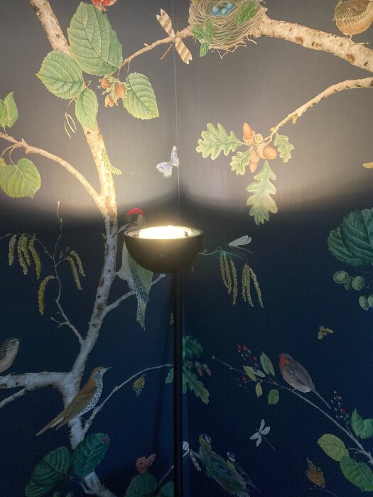 Lampa lyser upp en vägg med tapetmotiv av träd och fåglar i ett rum.