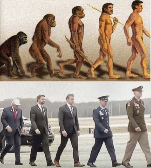 Sammanställning av evolutionens steg och personer som går i en rad, liknar en känd bildsekvens.