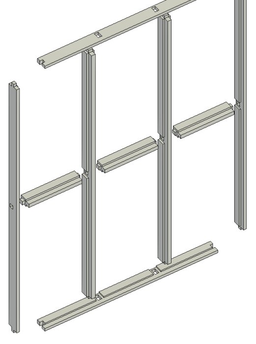 3D-ritning av en träramstruktur med vertikala och horisontella plankor, visar designen av en karm och dess olika delar.