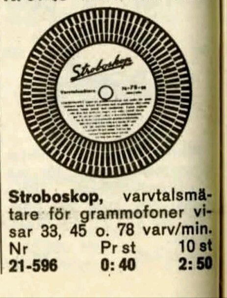 Stroboskoptallrik för grammofoner med olika hastigheter, illustration som används för att mäta varvtal utan stroboskoplampa, text från äldre katalog.