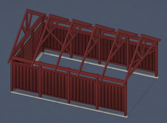 3D-modell av en pågående carport med sadeltak, röd träkonstruktion, snedsträvor och öppet tak. Vissa väggar är färdigställda.