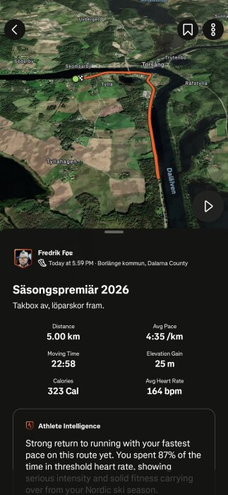 Karta över en 5 km löprunda i Borlänge kommun med detaljer: 22:58 tid, 4:35/km tempo, 25 m stigning, 323 kalorier, 164 bpm puls.