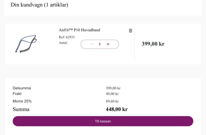 Kundvagnsöversikt med AirFit P10 huvudband, pris 399 kr, frakt 49 kr, totalsumma 448 kr inklusive moms.