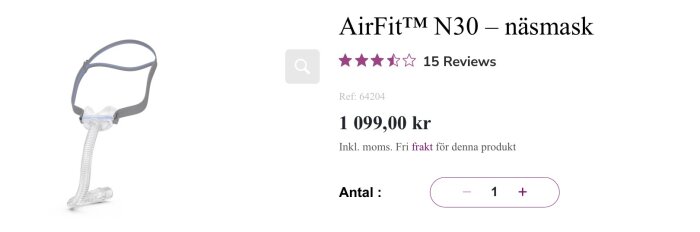 N30 näsmask med grått band och slang, produktbild med pris 1099 kr och recensioner, tre och en halv stjärna av fem.