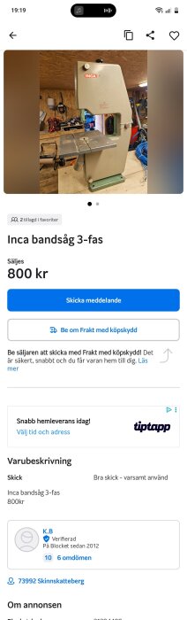 Inca bandsåg 3-fas i en verkstad, med arbetsyta och vägg inredd med verktyg i bakgrunden.