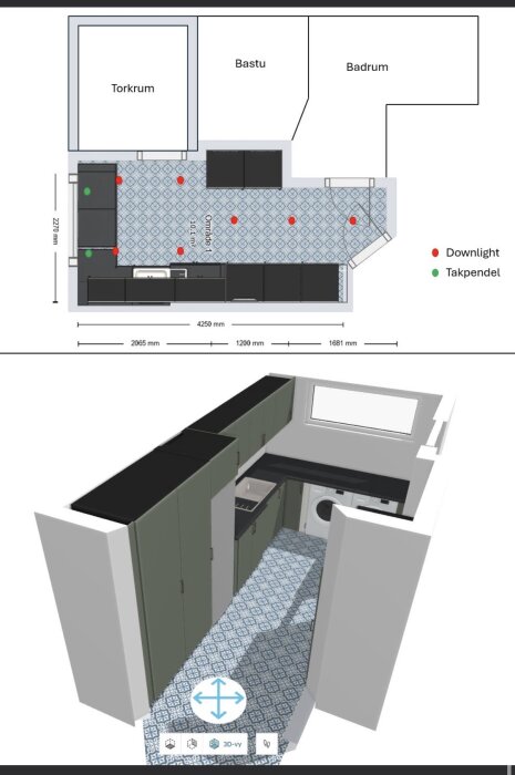Planritning och 3D-vy av tvättstuga med markerade ljuspunkter; användaren planerar takhögtalarinstallation.