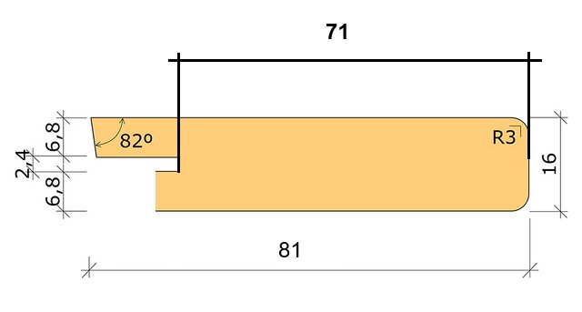 Ritning av fönstersmyg med måttangivelser; 82 graders vinkel, radie 3 och längd 81 mm. Huvudsektionens bredd är 71 mm och höjd 16 mm.