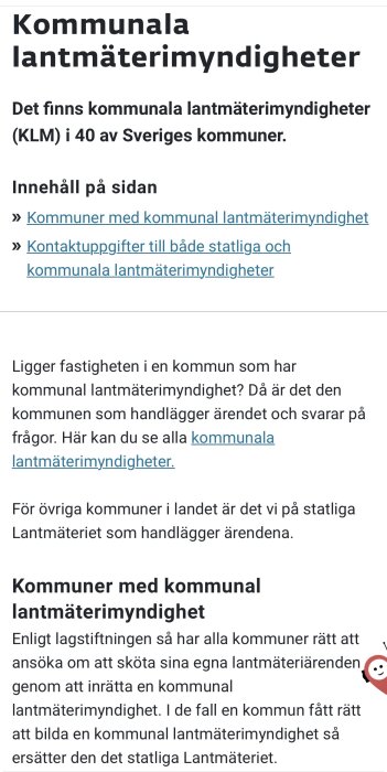 Webbsida om kommunala lantmäterimyndigheter i Sverige med information om deras roll och ansvar vid fastighetsärenden i olika kommuner.