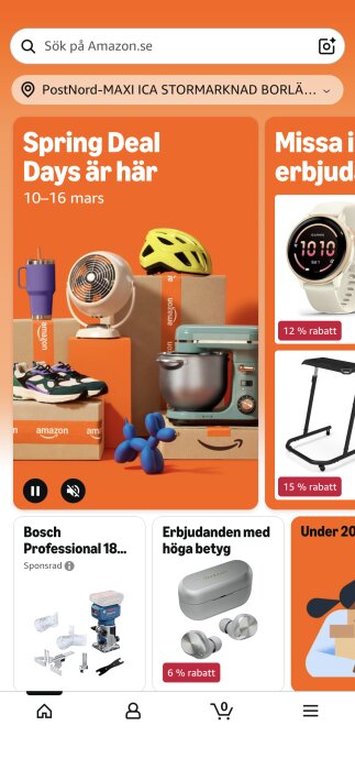 Amazon Spring Deal Days-affisch med bland annat köksmaskin, träningsskor, cykelhjälm och fläkt. Kampanj 10–16 mars.