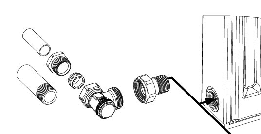 Diagram av elementanslutning med radiatoranslutningar, termostat, returventil och kopplingar till kopparrör.