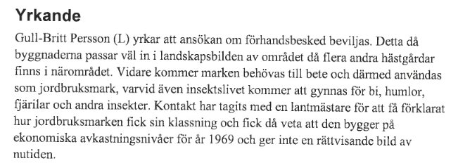 Dokument med yrkande från Gull-Britt Persson som stöder bygglov på jordbruksmark, hänvisar till landskapsbild och behov av bete.