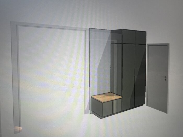 Visualisering av hallmöbel med sittdel och skåp, designad med IKEA Metod-stommar, placerad mellan två dörrar.