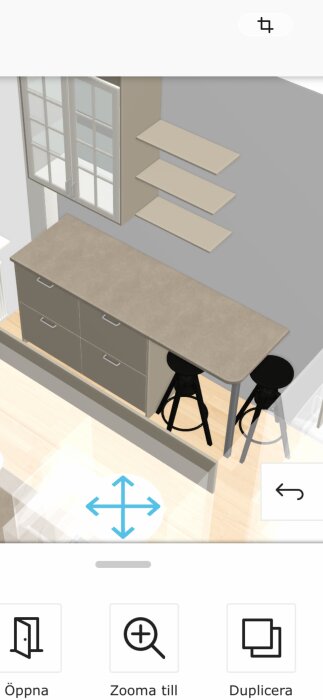 3D-planering av ett IKEA-kök med en laminatbänkskiva, två svarta pallar under överhäng och grå skåp.