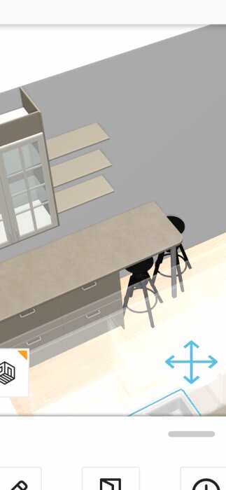 3D-modell av köksrenovering med en överhängande bänkskiva och barstolar, bredvid väggskåp och hyllor.