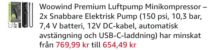 Woowind Premium luftpump med 2x snabbare elektrisk pump, 7.4V batteri, 12V DC-kabel och USB-C laddning, pris sänkt från 769,99 kr till 654,49 kr.