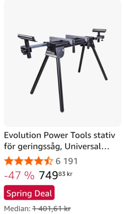 Universalstativ för geringssåg från Evolution Power Tools, svart med justerbara stöd, erbjuds med vårdeal till reducerat pris.