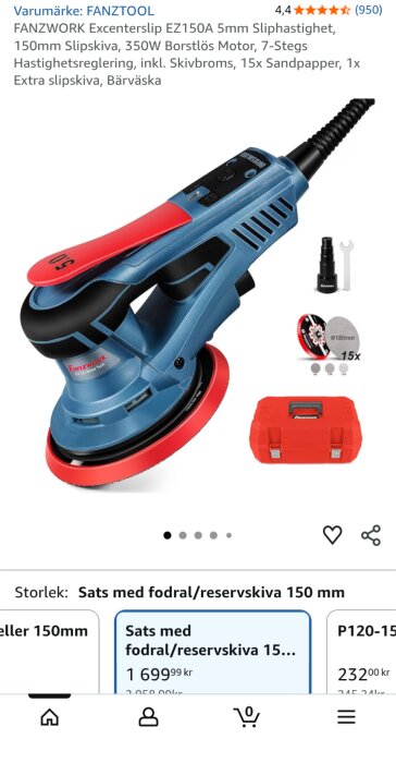 Blå och röd excenterslipmaskin av märket FANZTOOL med tillbehör som sandpapper och bärväska visade på en produktsida.