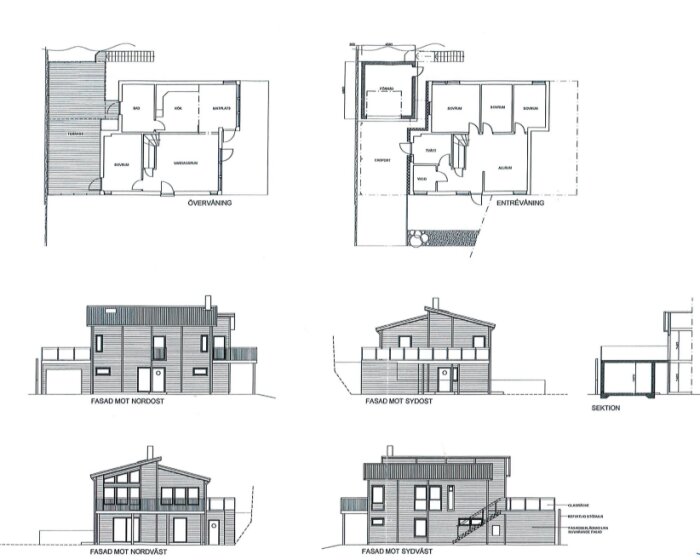 Arkitektritningar av ett förråd med en terrass ovanpå; inkluderar planlösningar och fasadvy från flera riktningar.